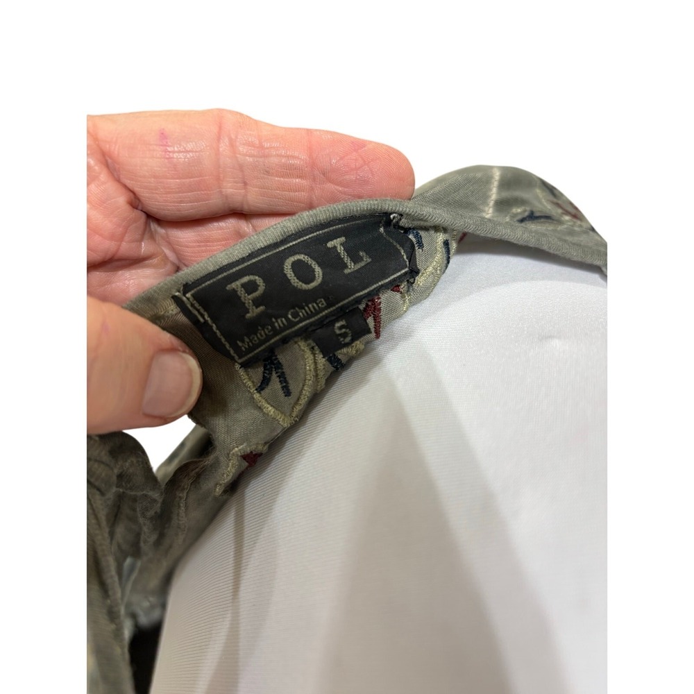 POL Olive Green Embroidered Open Back‎ Babydoll Tunic Top Small Boho Bell Sleeve - Picture 6 of 10